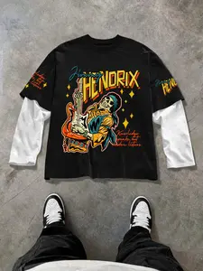 Men's Two-Piece T-Shirt with Skeleton Guitar Graphic, Streetwear Style, Spring & Fall Casual Wear, Long Fitted Design, Daily Fashion, Tee