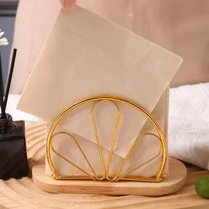 Elegant Minimalist Metal Napkin Holder Stand with Wooden Base, Iron Frame, Desktop Organizer Accessory for Restaurants Hotels Cafes, Durable Iron Craftsmanship Design, Tissue Holder