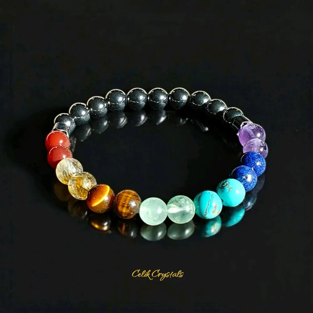 7 Chakra Natural Stone Exquisite High Quality Original Bracelet - 8mm Hematite Beads, 7.5 Inches Standard Unisex Elastic Stretchy Adults Bracelet for Personalization & Healing, Exquisite Bracelet, High Quality Bracelet
