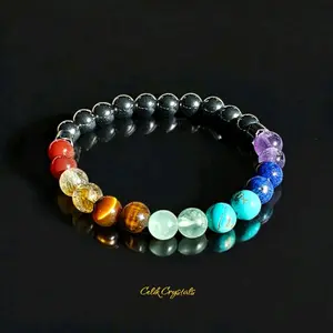 Real 7 Chakra Bracelet with Natural Stones & Hematite 8mm Stretches Unisex - Colorful Beads for Personalization and Healing Elastic