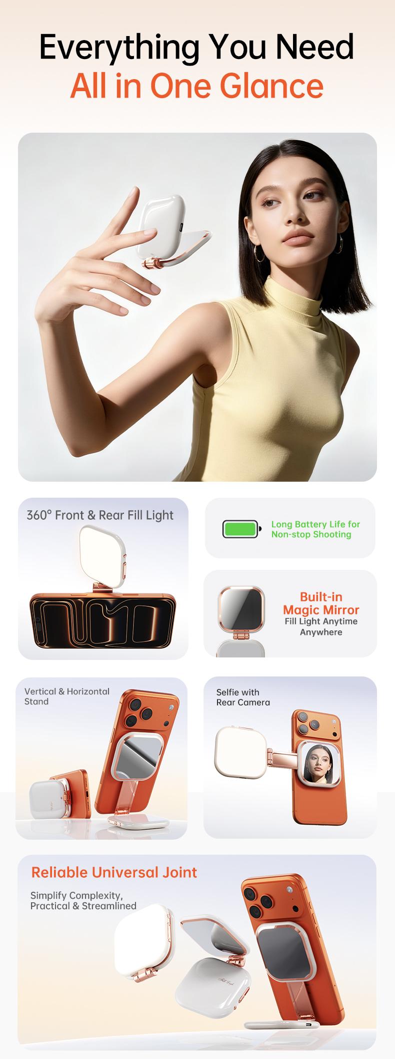 Professional Magnetic Fill Light Mirror, 49 LEDs, Front/Rear 360° Fill, 3 CCT (Warm/Natural/White), Vert/Horiz Stand, Long Battery, Portable Selfie Mirror w/ Universal Joint for Makeup, Vlog, Food Photo