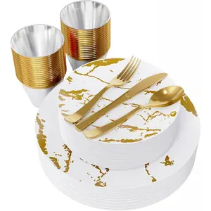 180PCS Disposable Dinnerware Set 30 Guest, 60 White and Gold Plastic Plates, 30 Plastic Silverware, 30 Cups, Marble Design Disposable Dinnerware for Wedding and Parties