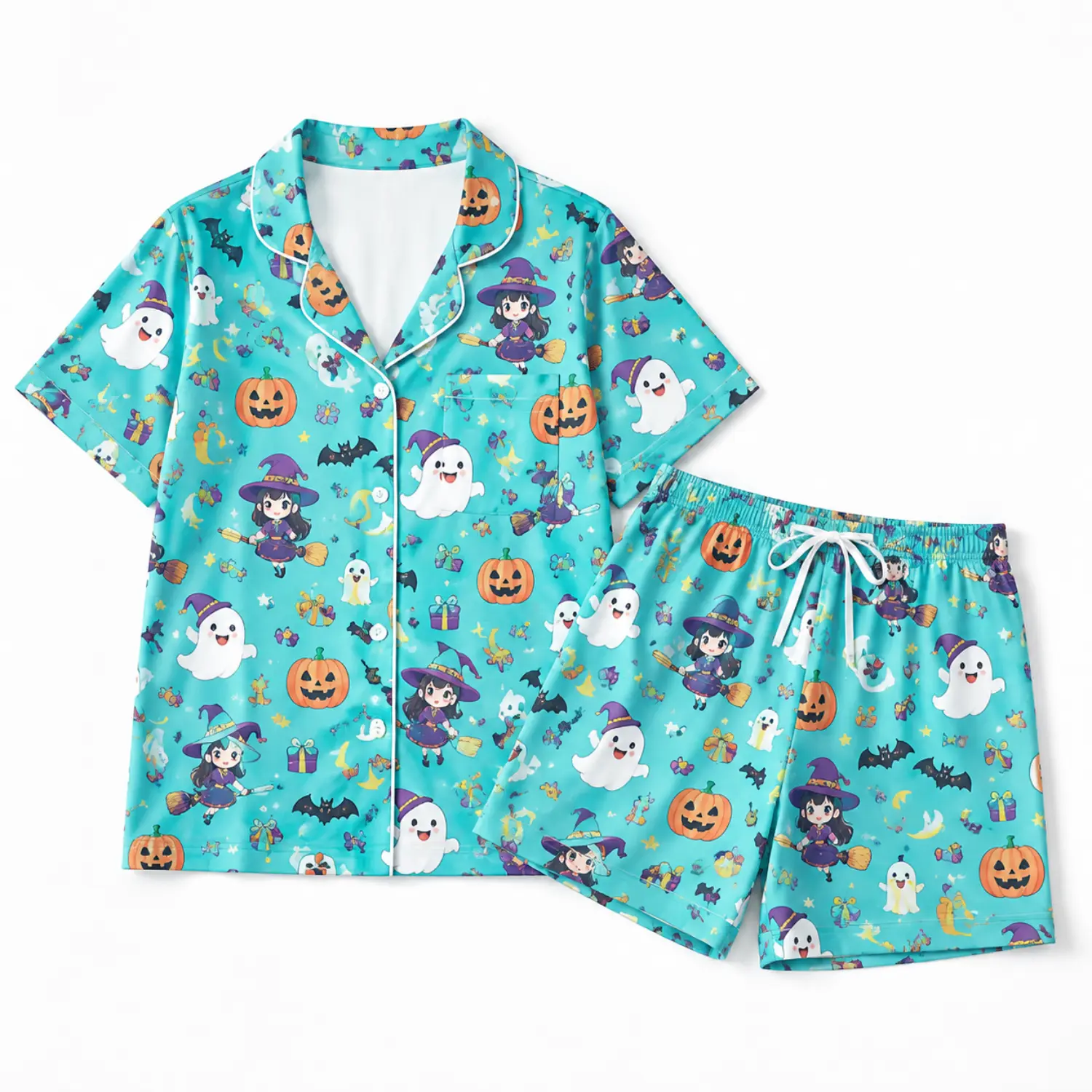 Halloween Print Short Sleeve Button Front Pajama Set for Women, Cute Ghost and Pumpkin Sleepwear with Elastic Waist Shorts