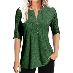 Beotyshow Women's Zipper Summer Pleated Button Short Sleeve T-Shirt Summer V-Neck Solid Color Casual top