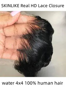 Water Wave 4x4 Skinlike Real HD Lace Closure, Ultra-Thin Swiss Lace Pre Plucked for Natural Look, Virgin Human Hair for Wet Wavy Curls