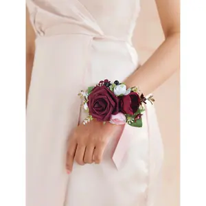 Rinlong Burgundy Wrist Corsage Wedding Decor Flower