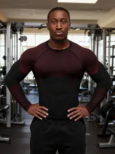 Men's Gradient Line Fitness Shirt, Elastic Tight Fit Quick-Dry Long Sleeve Gym Workout Top, Men's Training Clothes for Weightlifting, Fitness Activewear