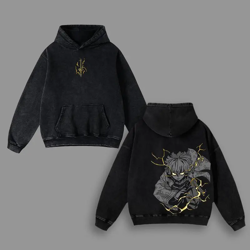 Zenitsu Agatsuma “Thunderclap & Flash” Washed Hoodie – Double-Printed Oversized Streetwear | Demon Slayer Anime Merch