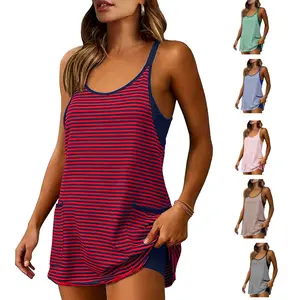 UANEO Women's Summer Athletic Mini Dress Sleeveless V Neck Built-in Shorts Striped Tennis Workout Vacatiom