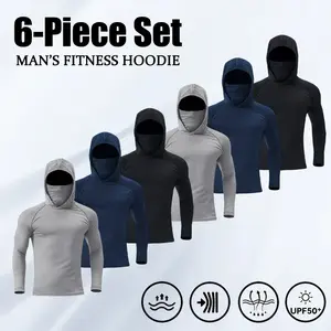 Men's 6-Piece Slim Fit Hoodie Pullovers Set |   UPF Sun Protection |   Lightweight Breathable Long Sleeve Tops |   Versatile Casual Wear |   Blue/Black/Light Gray