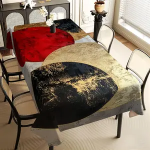 JIT 1pc 2D flat modern geometric black, gold, and red circular pattern rectangular tablecloth, for kitchen, living room, and dining table use, kitchen accessories, party, room & outdoor decorative tablecloth, a tablecloth gift for friends