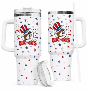 Buc-ee's Patriotic Stars Tumbler, 40oz Stainless Steel Travel Mug with Handle & Straw, 4th of July Buc-ee's Coffee Cup, USA Fan Gift
