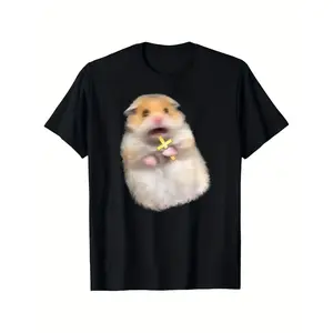 Cute Hamster Meme T-Shirt Short Sleeve Round Neck Summer Top with Hamster Print, Machine Washable Casual Playwear for, & Casual Attire - Grey Hamster Design for
