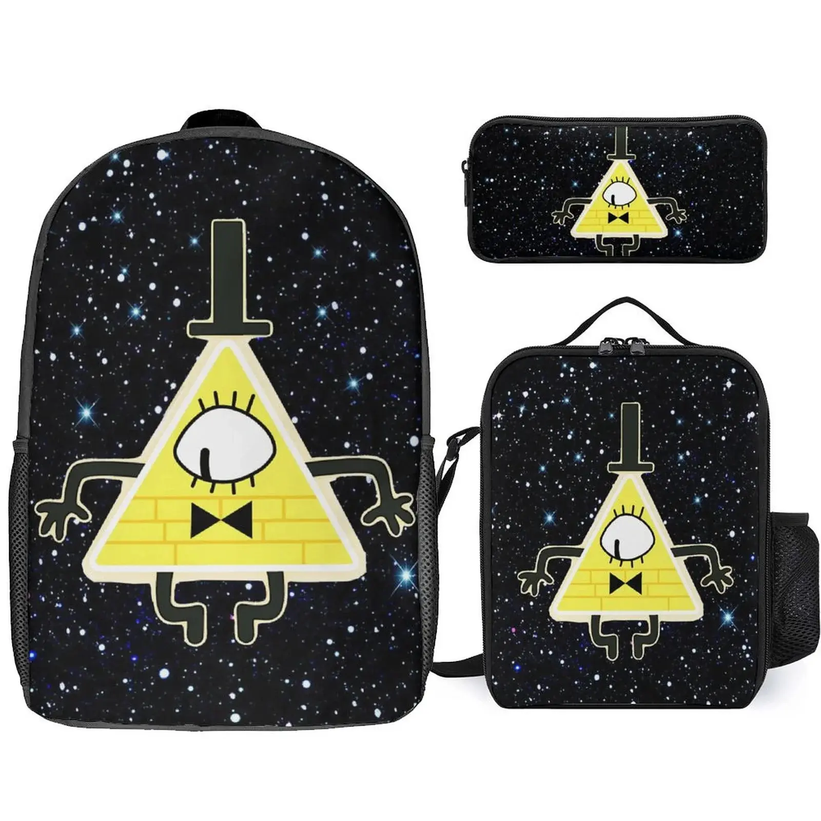 Gravity Falls Bill Cipher Themed 3-Piece Set Pack - Lightweight 32 cm Wide Laptop-Fit Backpack with High Cap Large Compartment, Zip Lunch Box, Pencil Case for School, Birthday Gifts