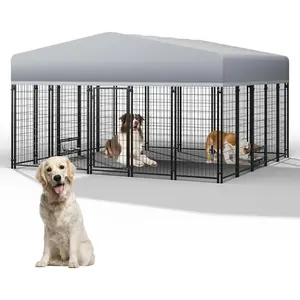 Outdoor Large Dog Kennel, Heavy Duty Dog Enclosure with UV & Rain-Proof Fully Covered Roof, Rustproof Metal Mesh, Double Security Locks (122" L * 117" W * 71" H)