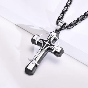 MP Byzantine Cross Necklace Niche Faith Chrome Cross Pendant Charms ,Chunky Cuban Chain Non Tarnish Luxury Stainless Steel Jewelry ,Outfit Accessory Valentine Gift for Men everyday easter titanium