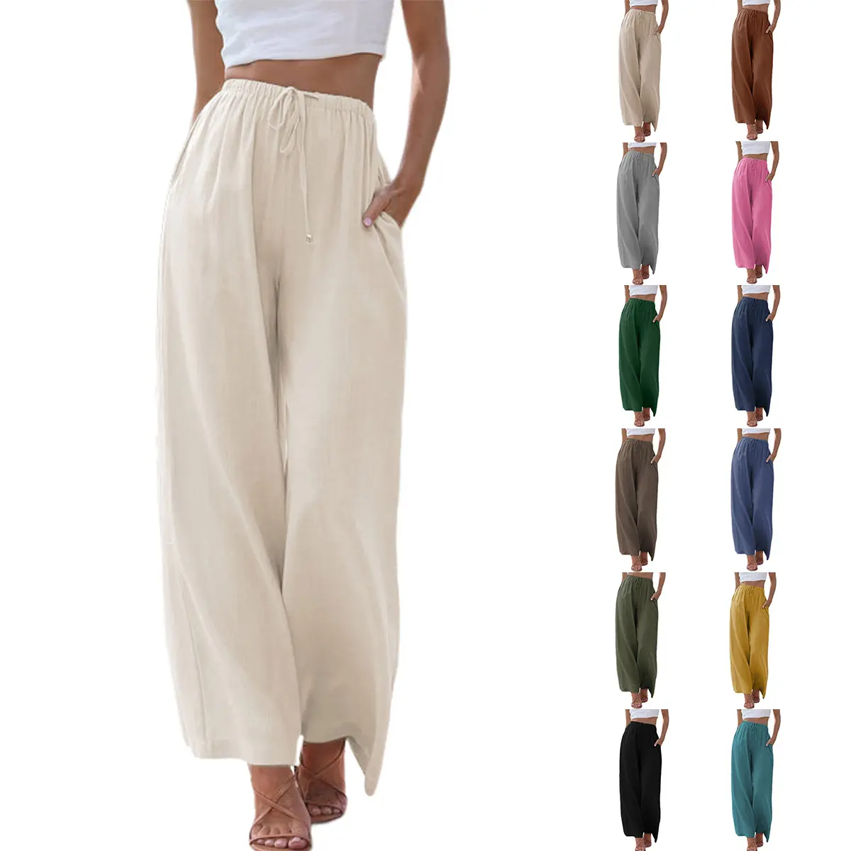 Mundoven Women's Cotton Linen Bottoms - Elastic, Breathable, Solid Summer Palazzo Pants with Drawstring, Flowy Wide Leg, Pockets, Beach Trousers, Bottom, Casual, Basic, Style, Loose Fit Wide Leg Pants, Working, High Waist