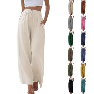 Mundoven Women's Cotton Linen Summer Palazzo Pants Flowy Wide Leg Beach Trousers with Pockets summerwins