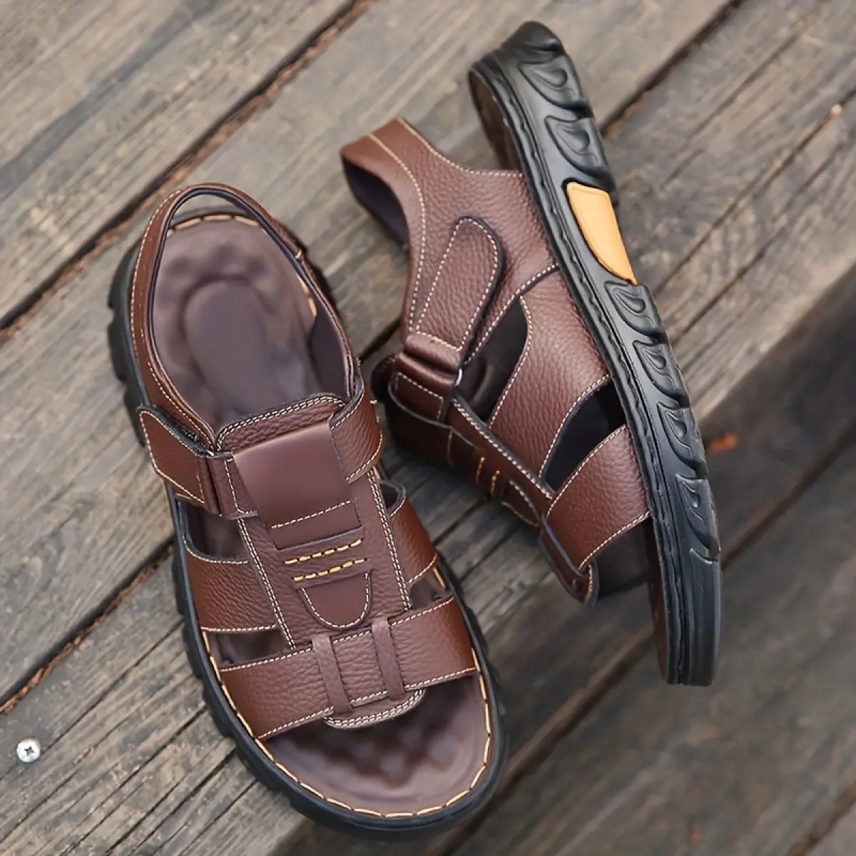 Men's Premium Full-Grain Leather Sandals - Anti-Slip, Abrasion-Resistant, Perforated Sole, Breathable, Geometric Decor, Wide Width, Brown Soft Walking Shoes for Beach Holidays (Unisex Casual Pedal Option)