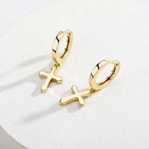 Women's 14k Gold-Silver Geometric Cross Dangle Hoop Earrings - Lightweight, Fade-Resistant Metal Coating Classic Earrings for Adults, Casual Daily Christian Jewelry Gift