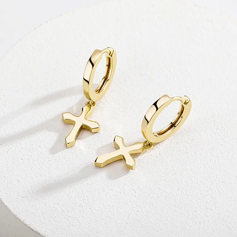 Women's 14k Gold-Silver Geometric Cross Dangle Hoop Earrings - Lightweight, Fade-Resistant Metal Coating Classic Earrings for Adults, Casual Daily Christian Jewelry Gift