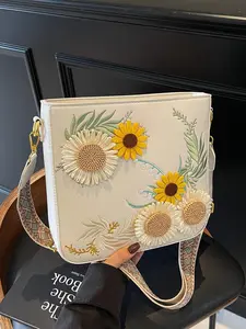 Women's Sunflower Embroidered Crossbody Bag, Fashionable PU Leather Shoulder Bag for Daily Used, Casual Trendy Versatile High-quality Daily Commuting Bag