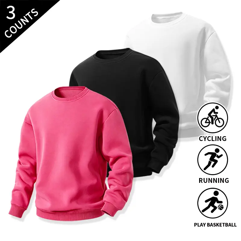 3-Pack Men’s Loose Fit Crew Neck Pullover Sweatshirts, Solid Plain Long Sleeve Athletic Tops, Soft and Comfortable for Gym, Basketball, Running, Casual Streetwear