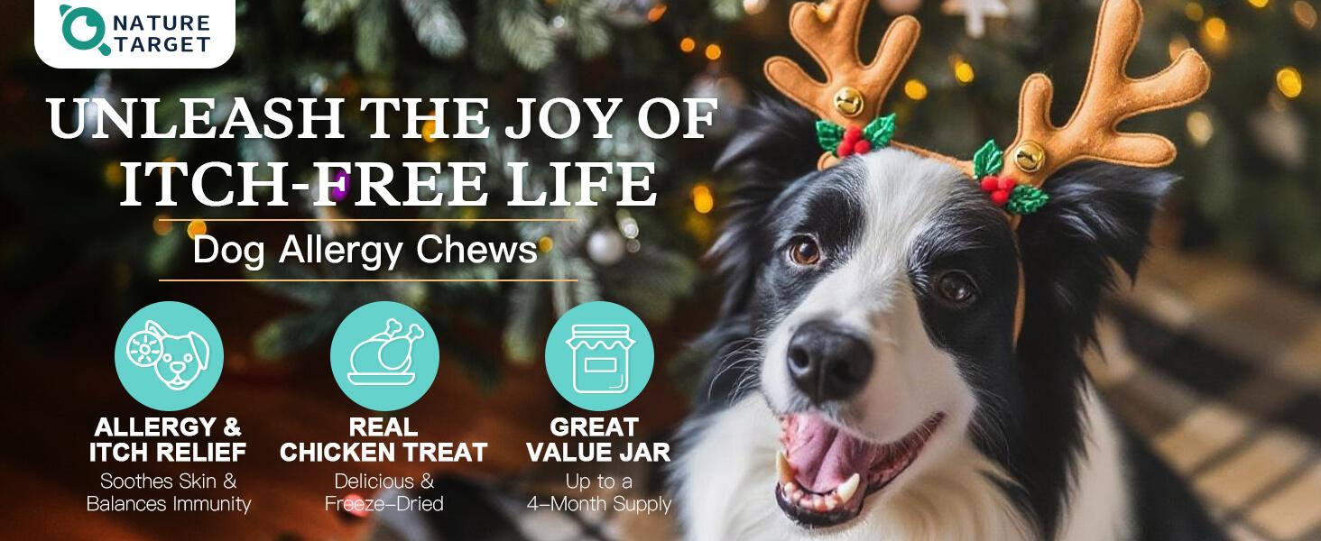 NATURE TARGET Dog Allergy Relief Freeze Dried Chews, with Probiotics, Colostrum for Immune Health, Anti Itch & Seasonal Allergies & Scratching, Omega 3 for Skin & Coat Health, Pawlicking, Hot Spots