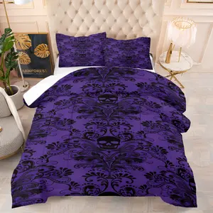 Coquette Skull Damask Bedding Set,Including 1 Quilt and 1 or 2 Pillowcases Without Pillows,Dark Gothic Style Quilt Set,Soft and Warm Teenage and Adult Bedroom Decoration