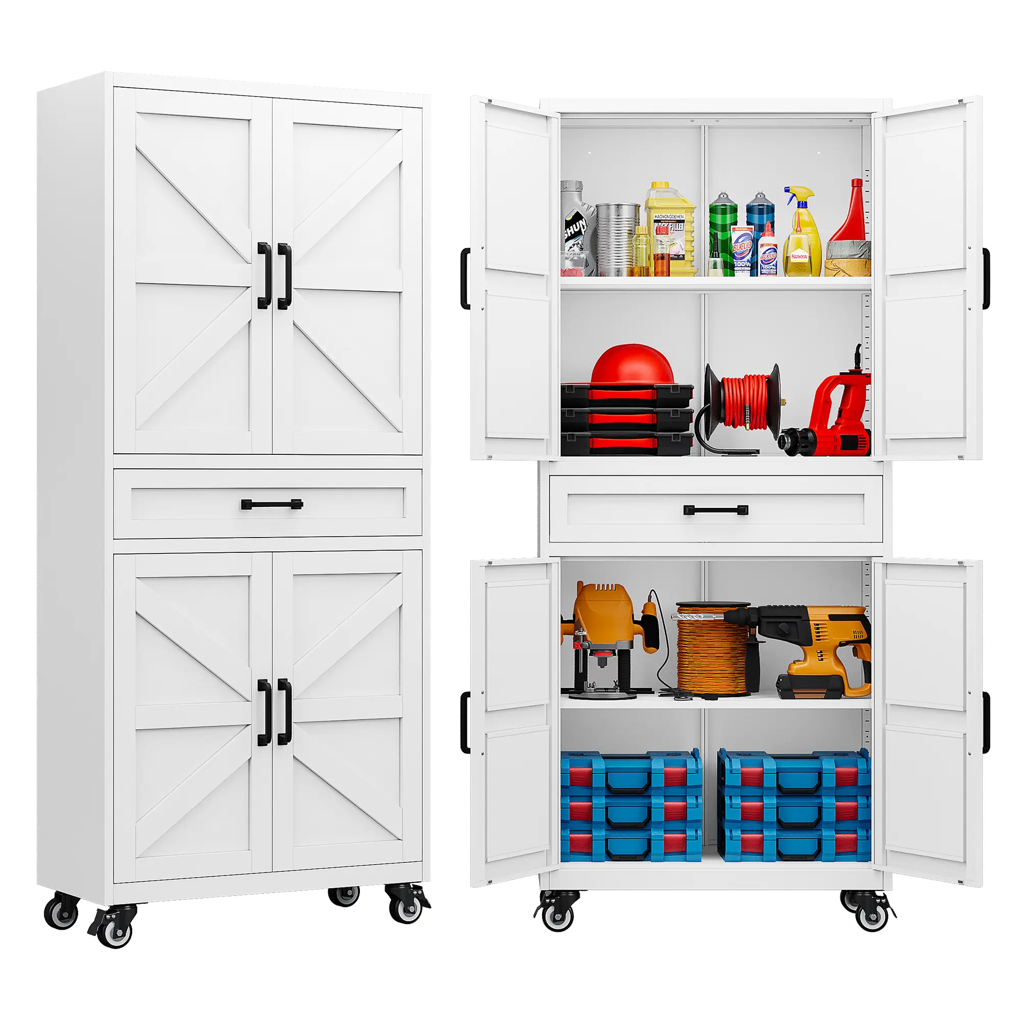 Letaya Large Rectangular Modern Steel Rolling Storage Cabinet (69.3/73in Tall) - 4 Doors, 2 Drawers, Adjustable Shelves, Leveling Legs, 120 lbs Per Shelf for Garage, Office