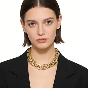 Golden Heavy Industry-Style Thick Necklace n292 - Exaggerated Geometric Bead Chain for Women - Ideal Gift for Anniversaries & Valentine's Day - 21cm-50cm Adjustable - Personality Fashion Accessory