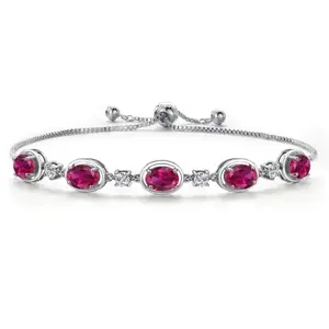 925 Sterling Silver Red Created Ruby Bracelet For Women | 4.25 Cttw | Oval 7X5MM | Bollo Bracelet | Fully Adjustable Up to 9 Inch | Easy-On Easy-Off