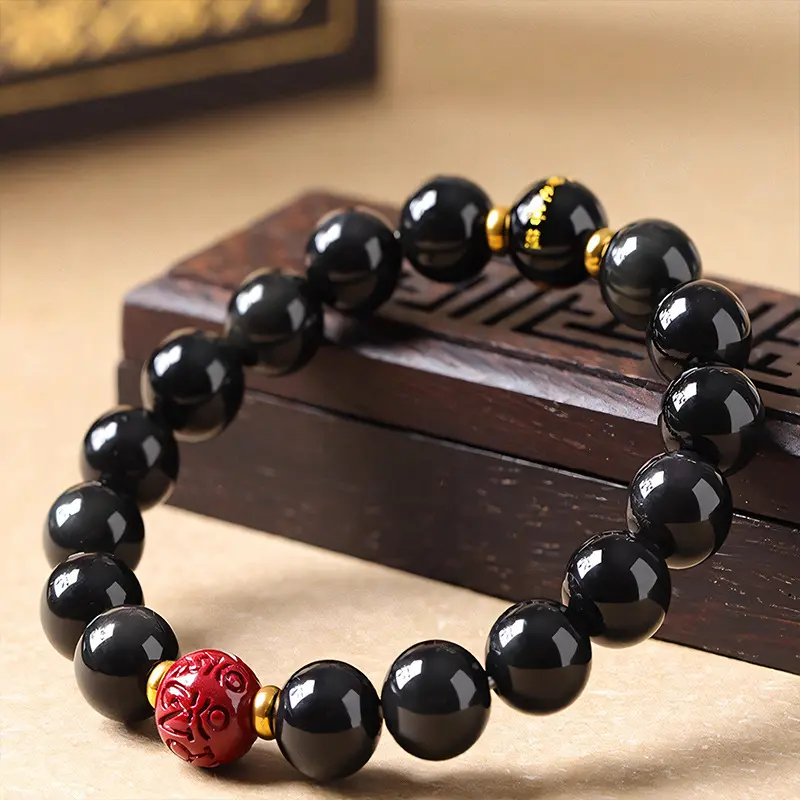 【112】Black Six Character Mantra Female Hand String Transport Bead Belt with a Red Buddha Prayer Bead Buddha Bead Jewelry Diameter 12mm