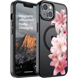 Matte Transparent Black Magnetic Case with Right Side Hanging Multi-Layer Gradient Pink Lily Print,With For Iphone17 Pro Max, 16, 15, 14 ,13,12And 16Plus. It Makes A Perfect Gift For Birthdays, Holidays