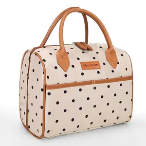 Tirrinia Retro Polka Dot Lunch Bag with Leather Handles for Women, Insulated Aluminum Foil Lining and PE Foam Interlayer, 8.5L Capacity, Waterproof and Easy to Clean