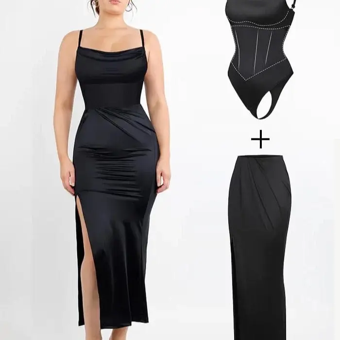 Built-in Corset Bodysuit Pleated Skirt Two-Piece Set with Removable Coasters