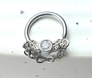 1pc CZ Gem Leaf w/ Chain Bendable Hoop Ring- Nose Septum, Daith, Ear Cartilage