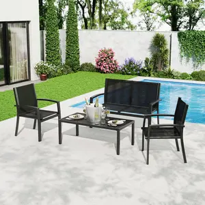 Modern 4-Piece Patio Furniture Set | Breathable & Weather-Resistant Metal Conversation Set | Includes Loveseat, Chairs & Table | Perfect for Small Balconies, Porch & Garden Decor