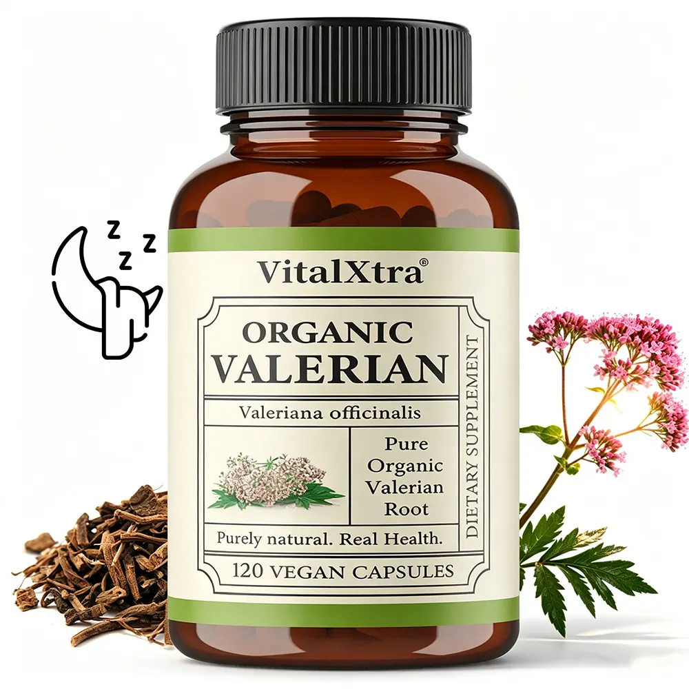 VitalXtra Organic Valerian Root Extract Capsules - Extra Strength Sleep Support & Muscle Relaxation, 120 Vegan Count