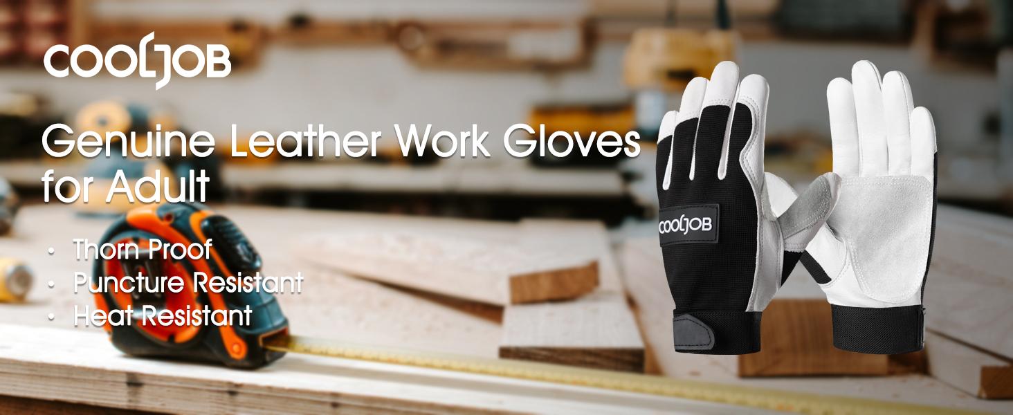 COOLJOB Leather Work Gloves with Grip, Thorn Proof, Heat Puncture Resistant Gloves