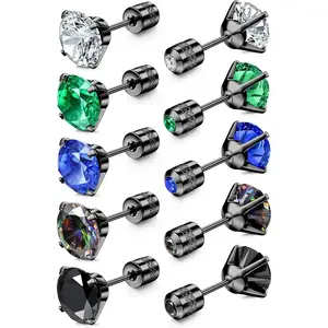 MILACOLATO 5 Pairs Titanium Screw Back Surgical Stainless Steel Stud Earrings for Women Men, Rainbow 5A Cubic Zirconia Sleep Hypoallergenic Stud for Sensitive Ears