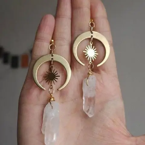 Boho Gothic Sun Moon Motif Earrings, Bohemian Style Vintage Natural Stone Crystal Quartz, Casual Personality Party Ready Holiday Women's Earrings, Unique Jewelry Gift, Fashion Earring