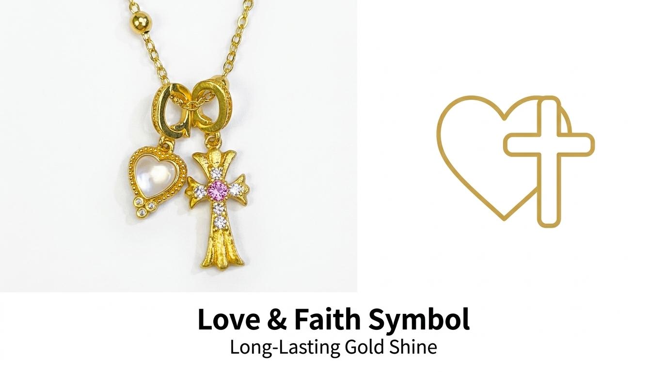 Pink Diamond Cross & Heart Shell Pendant Clavicle Necklace