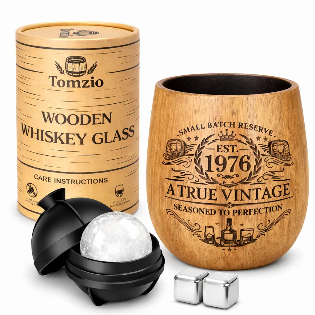 Tomzio 50th Birthday Gifts for Men, Charred Wooden Whiskey Glass Gift Set for Him Dad Husband, Vintage 1976 Birthday Gift with Ice Ball Mold & Whiskey Stones, Unique 50 Year Old Birthday Keepsake Cocktails Cup Drinkware father friend Bourbon tiktokshopspr