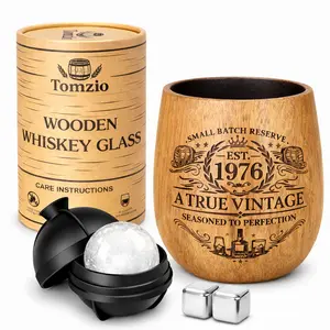 Tomzio 50th Birthday Gifts for Men, Charred Wooden Whiskey Glass Gift Set for Him Dad Husband, Vintage 1976 Birthday Gift with Ice Ball Mold & Whiskey Stones, Unique 50 Year Old Birthday Keepsake Cocktails Cup Drinkware father friend Bourbon