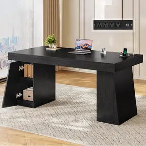 55.9" Executive Desk with Power Outlets, Modern Computer Desk with 2 Storage Cabine & Double Pedestat, Workstation Table for Home Office, Black