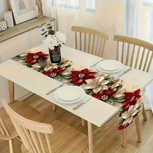 Christmas Floral Table Runner, Premium Polyester Fabric Holiday Decor, Long Cloth Tablecloth for Dining Room, Kitchen & Outdoor Parties
