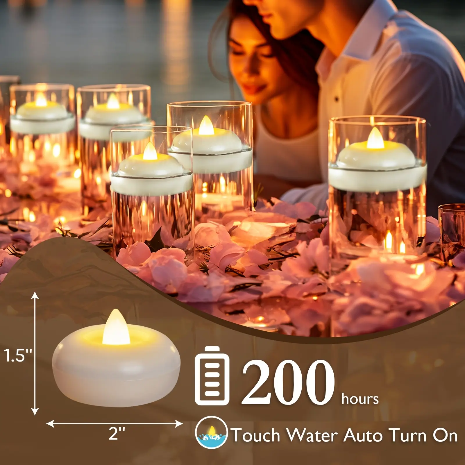 Set of 24 Two-Inch Flameless LED Floating Candles, Made of Plastic And Powered by Batteries, Featuring Flickering Lights And Waterproof Design, Ideal for Use in Cylinder Vases, As Table Centerpieces, And Suitable for Weddings, Parties, Pools