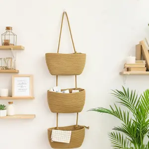 3-Tier Woven Cotton Over the Door Hanging Basket - Wall-Mounted Jute Storage Organizer, Decorative Hanging Bag for Nursery, Bedroom & Home