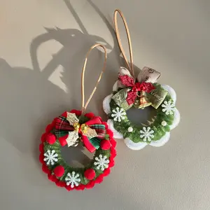 Mini Christmas Wreath Ornaments Set of 2 Handmade Festive Decorations for Home Gifts Red & Green with Pom-Poms Snowflakes & Bow 8 cm Diameter Perfect for Christmas Tree Decor & Holiday Gifts